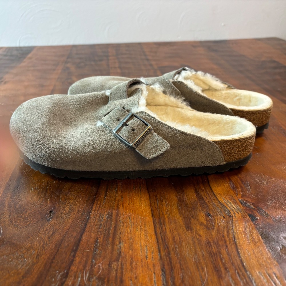Birkenstock Boston Shearling Suede Clogs Taupe Brown Mules Womens 41 L10 M8 - Picture 12 of 15